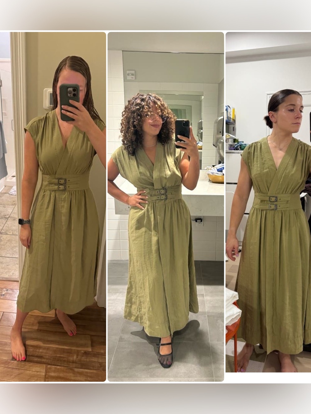ba&sh Dove Olive Green Wrap Midi Dress with Double Buckle Waist - Picture 2 of 16